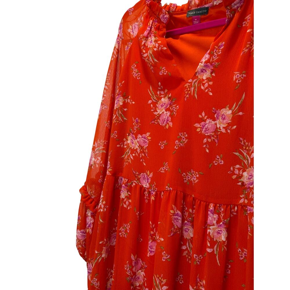 Vince Camuto Dress Sheer Long Sleeve V-Neck babydoll Dress Ruffle Hem Size M - Picture 4 of 6